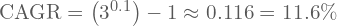  \text{CAGR} = \left( 3^{0.1} \right) - 1 \approx 0.116 = 11.6\% 